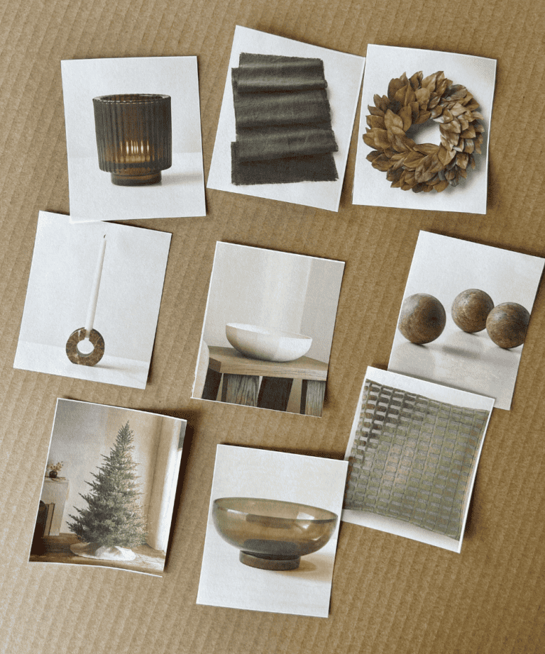 Christmas Decor Ideas Olive Green and Brownstone Mood Board